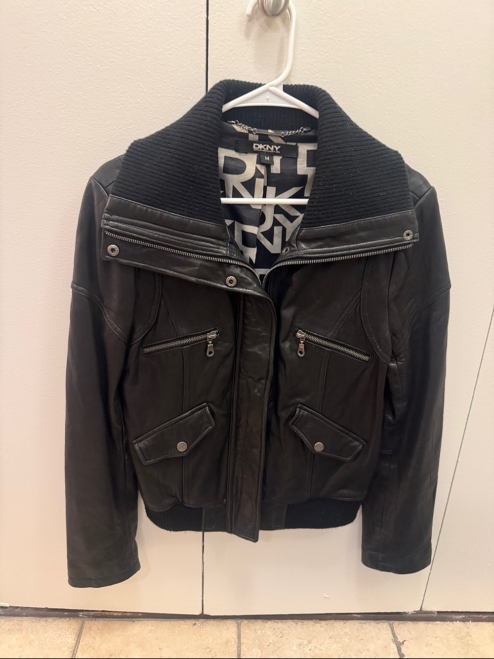 DKNY Black Leather Bomber Jacket with Ribbed Knit Collar